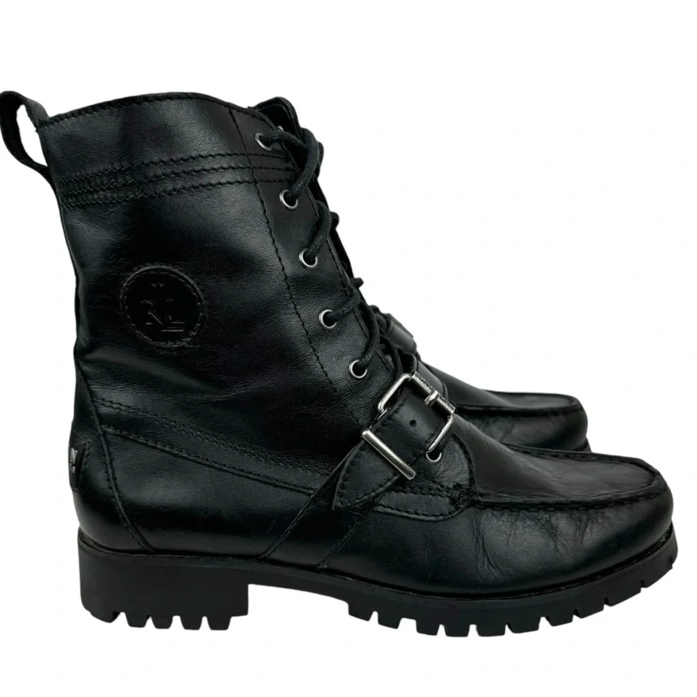Lauren Ralph Lauren Zera Leather Lace Up Ankle Boots Black Buckle Womens Size 7B